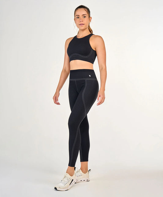 Conjunto Top e Legging Sem Costura Canelada Cos Alto Preto Alto Giro