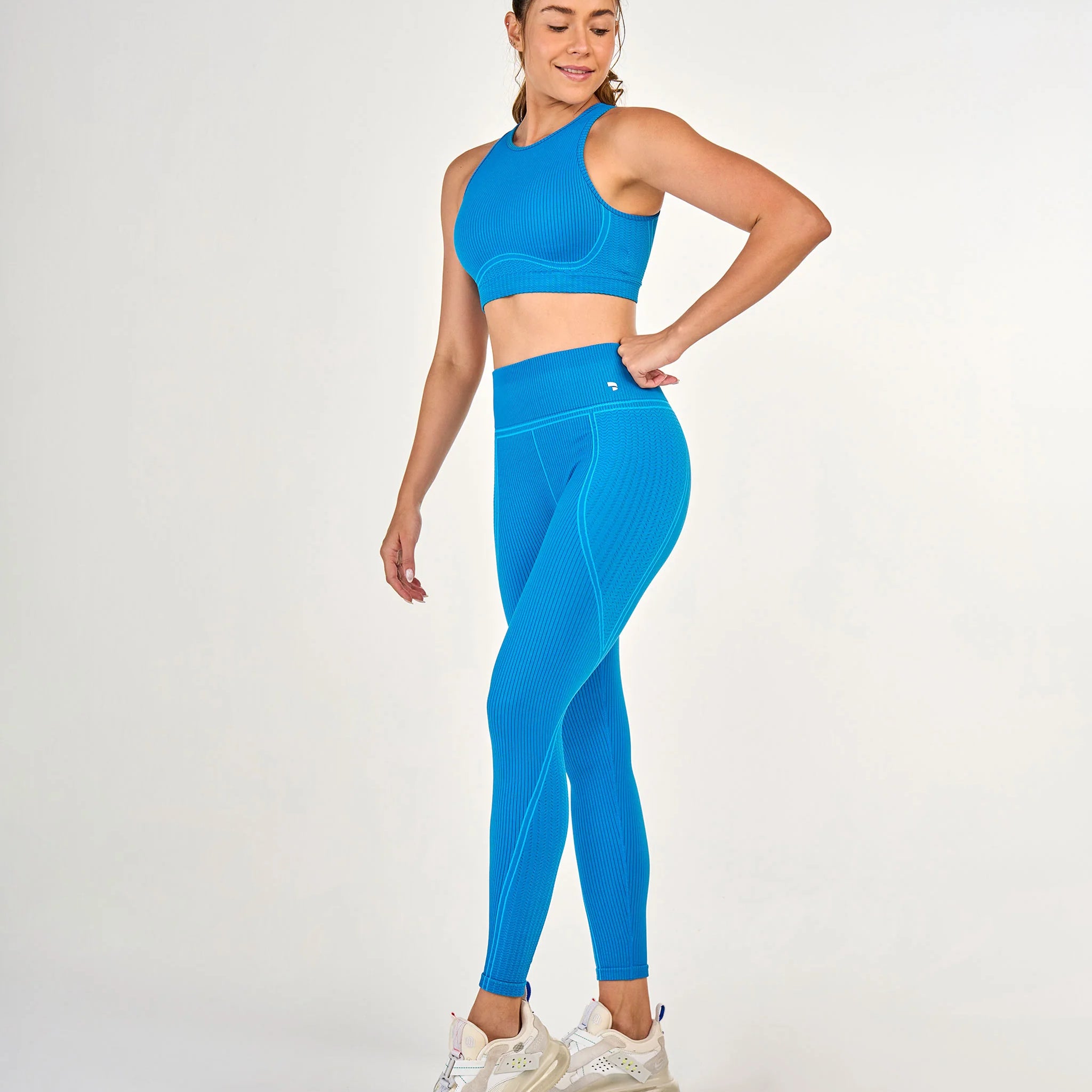 Legging Sem Costura Canelada Cos Alto Azul Alto Giro