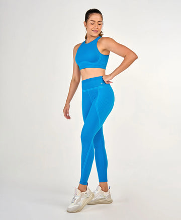 Legging Sem Costura Canelada Cos Alto Azul Alto Giro