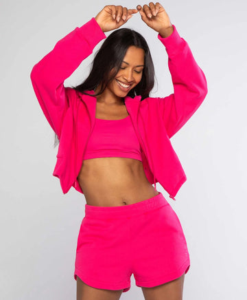 Jaqueta Moletom Cropped Com Capuz Rosa Alto Giro