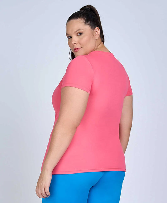 T-shirt Skin Fit Inspiracional Coral Plus Size Alto Giro