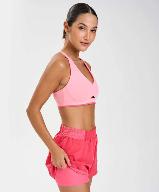 Shorts Sobreposto Com Recortes de Tule Coral Alto Giro