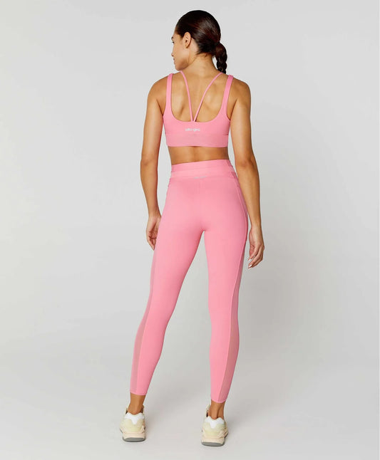 Legging 7/8 Com Bolso e Recortes De Tule Rosa Alto Giro