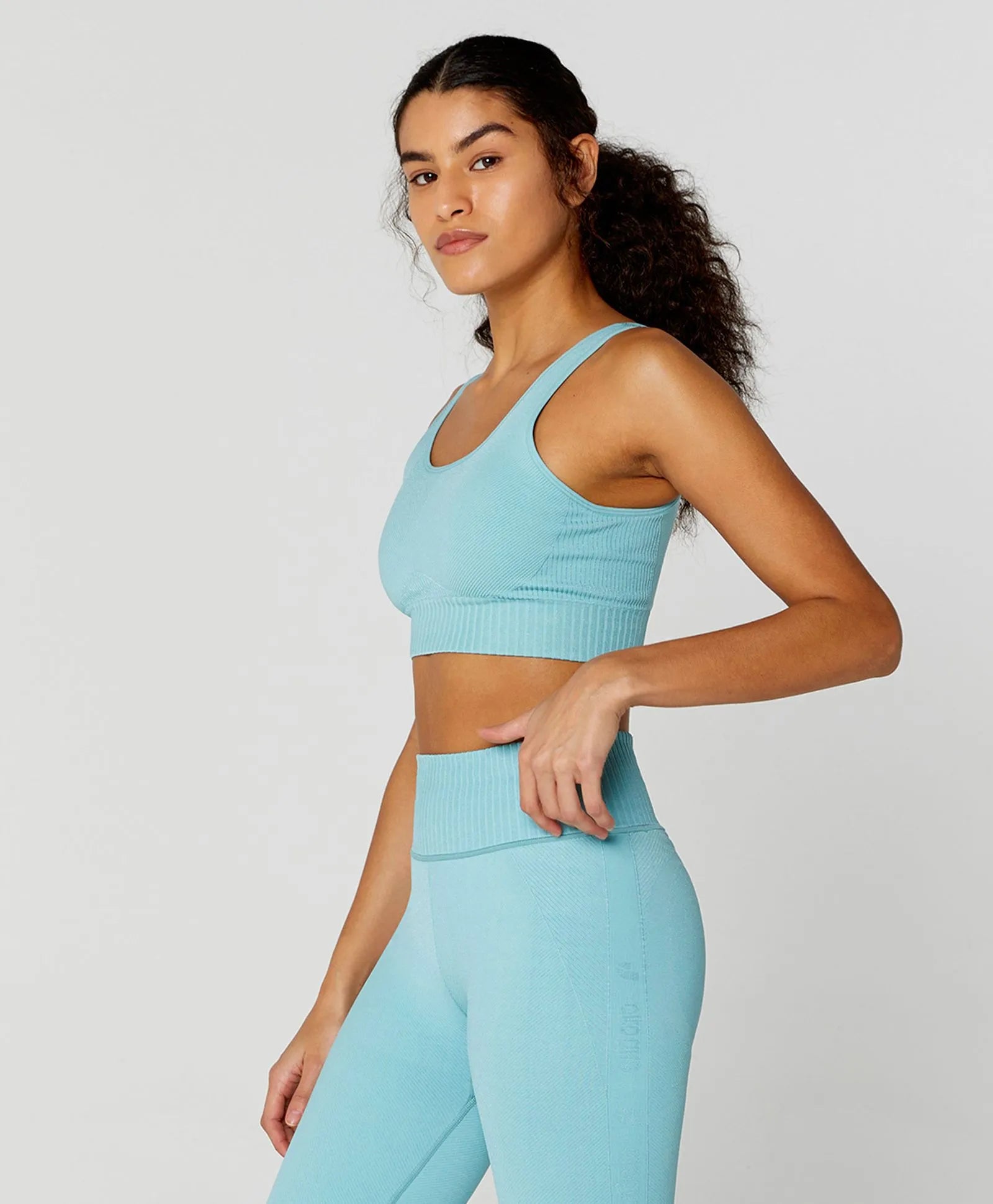 Top Canelado Shine Seamless Verde Água Alto Giro