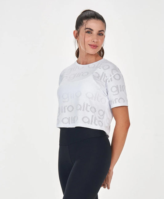 T-Shirt Cropped Mesh Branco Alto Giro