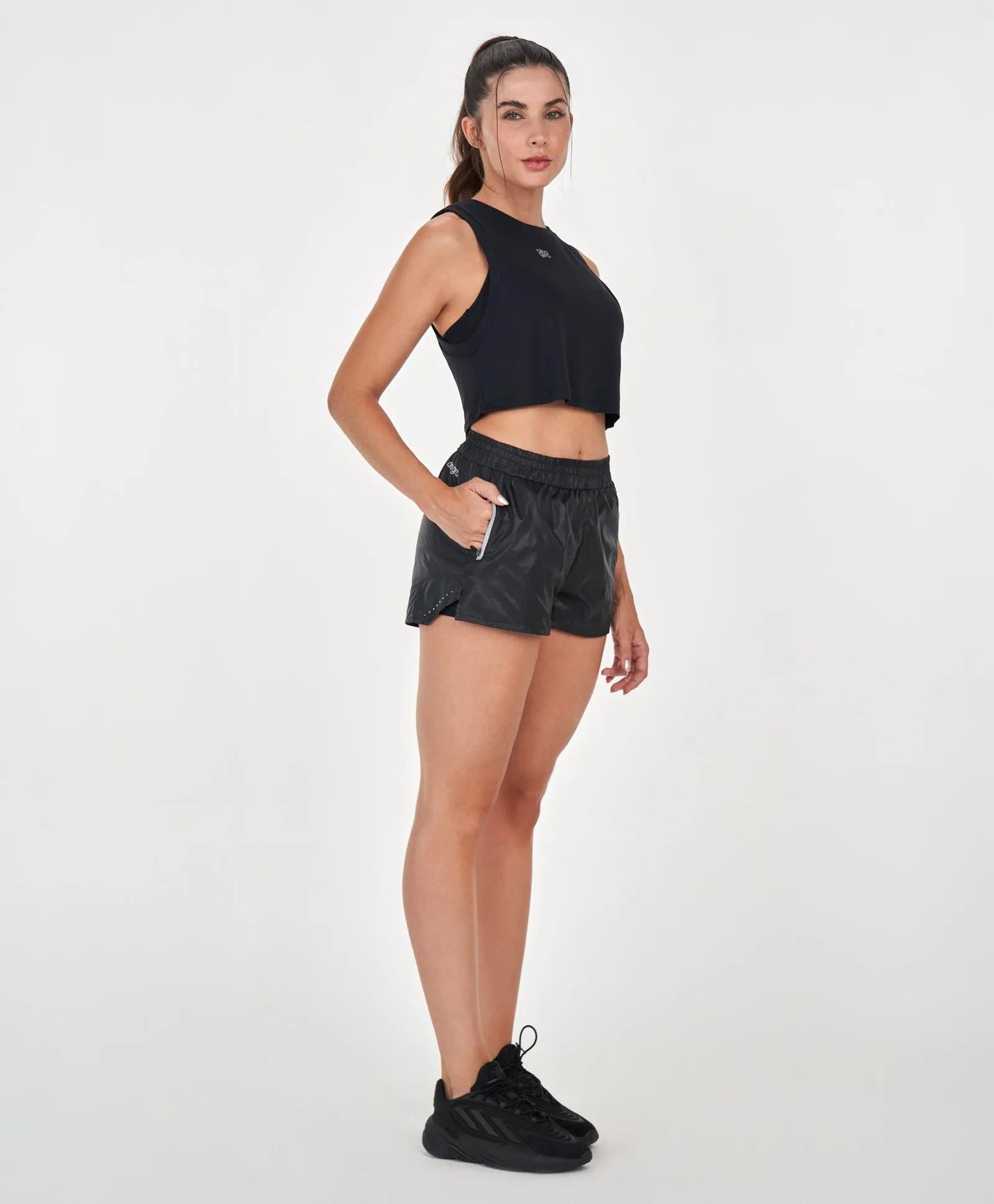 Shorts Sopreposto Zíper Refletivo Preto Alto Giro