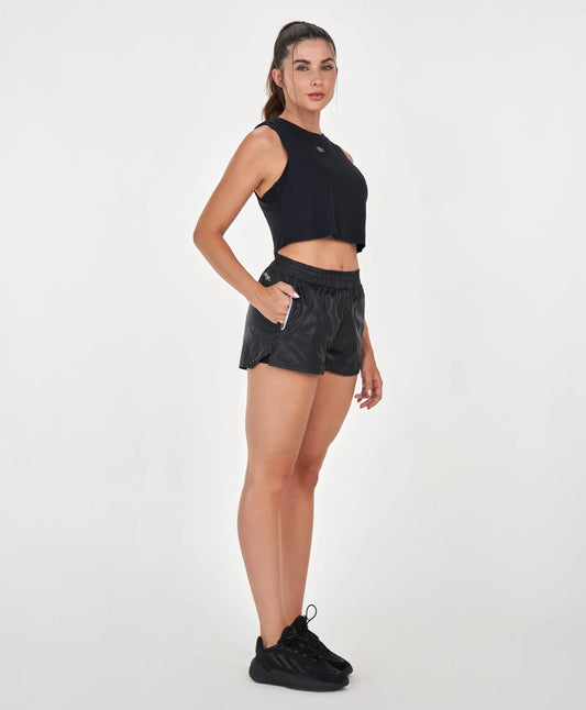 Shorts Sopreposto Zíper Refletivo Preto Alto Giro