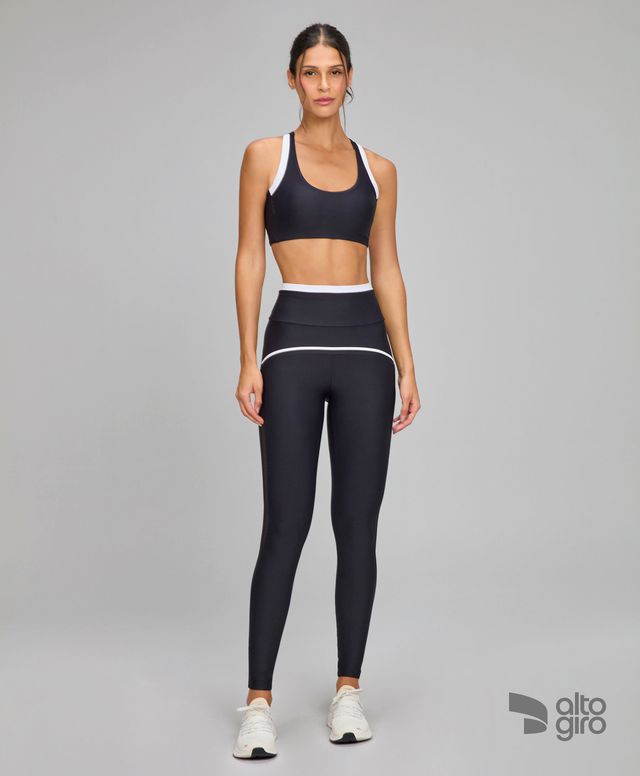 Conjunto Top e Legging Sustentação Recortes Tule Preto Alto Giro