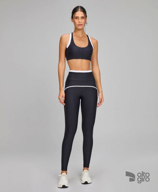 Conjunto Top e Legging Sustentação Recortes Tule Preto Alto Giro
