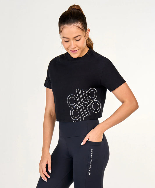 T-shirt Cropped Algodao Preto Alto Giro