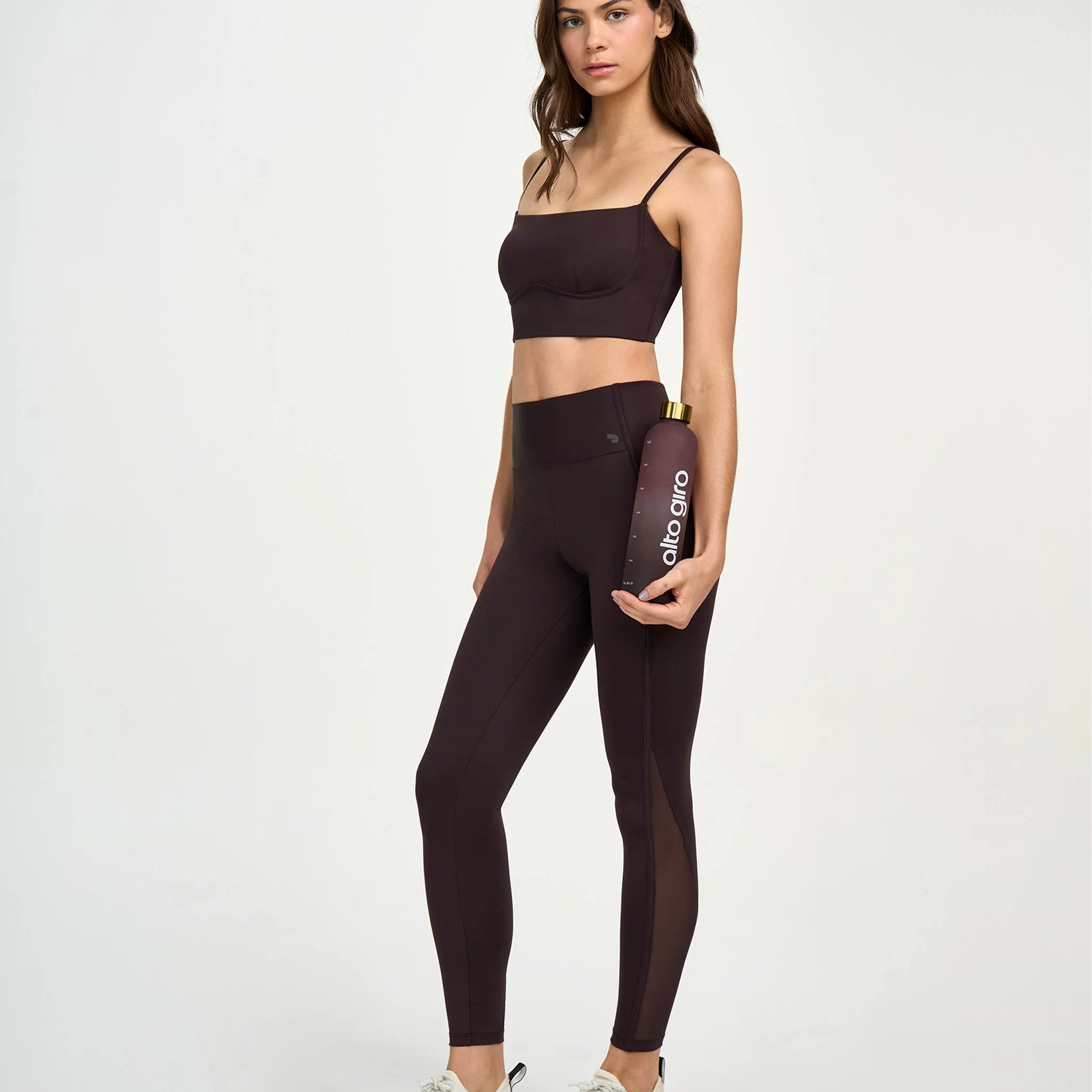 Conjunto Top e Legging Com Bolso e Galão De Tule Marrom Alto Giro
