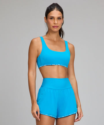 Top Elástico Personalizado Costas Tule Azul Ciano Alto Giro