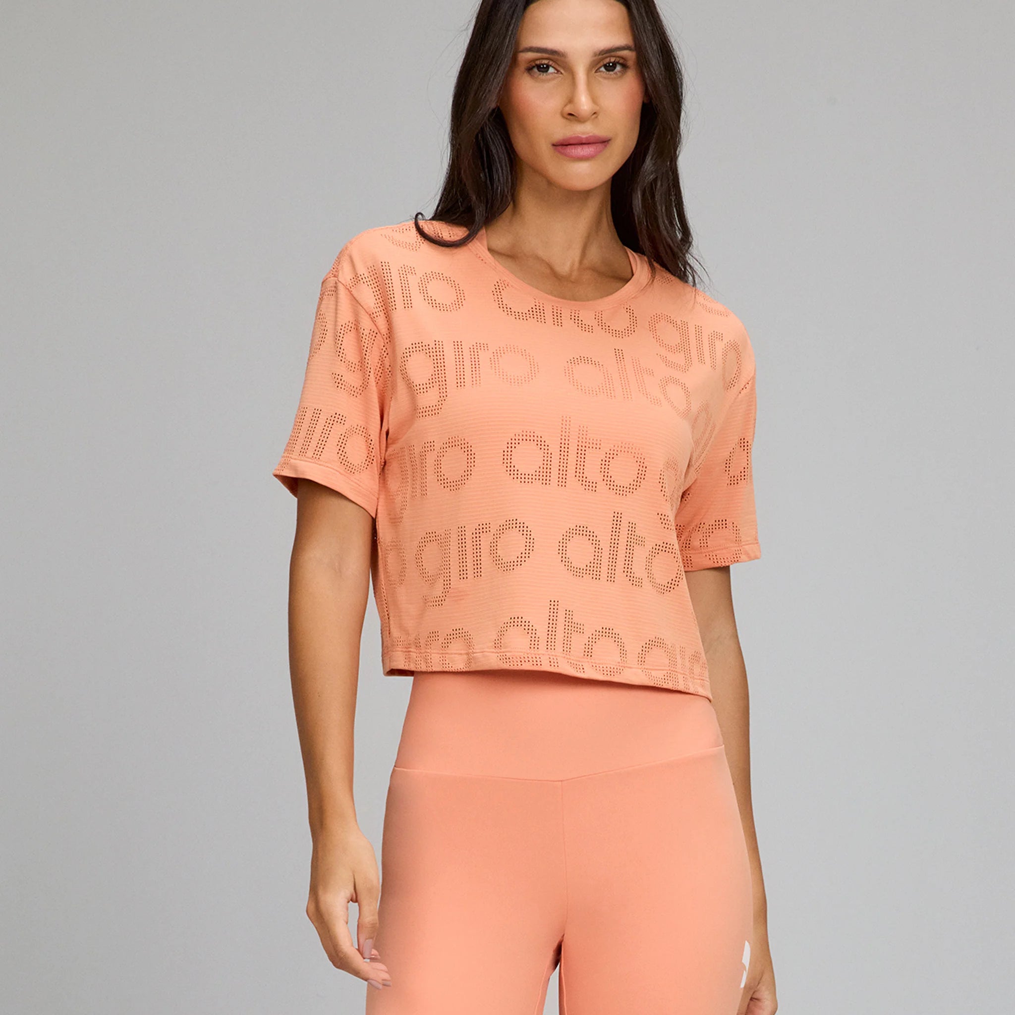 T-shirt Cropped Mesh Laranja Pessego Alto Giro