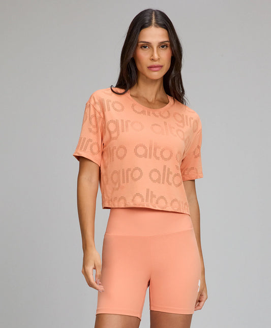 T-shirt Cropped Mesh Laranja Pessego Alto Giro