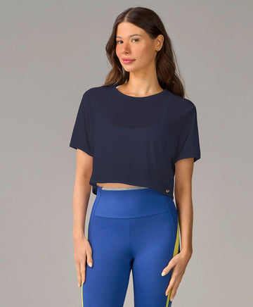 T-shirt Cropped Tule Azul Marinho Alto Giro