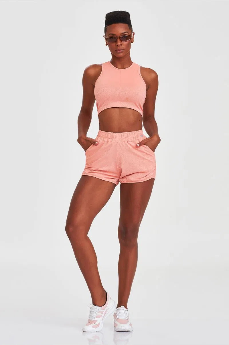 Conjunto Top Cropped + Shorts Com Bolso Coral Caju Brasil