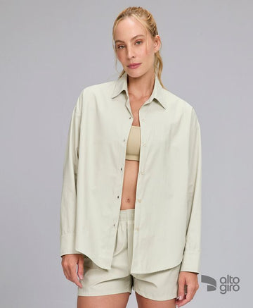 Camisa Oversized Listrada Bege Alto Giro
