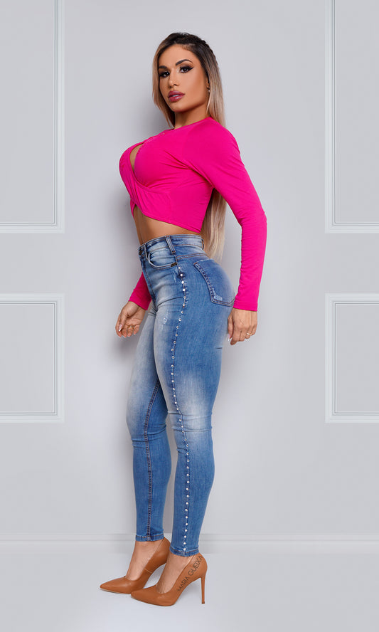 Calça Jeans Strass Lateral Maria Gueixa Azul