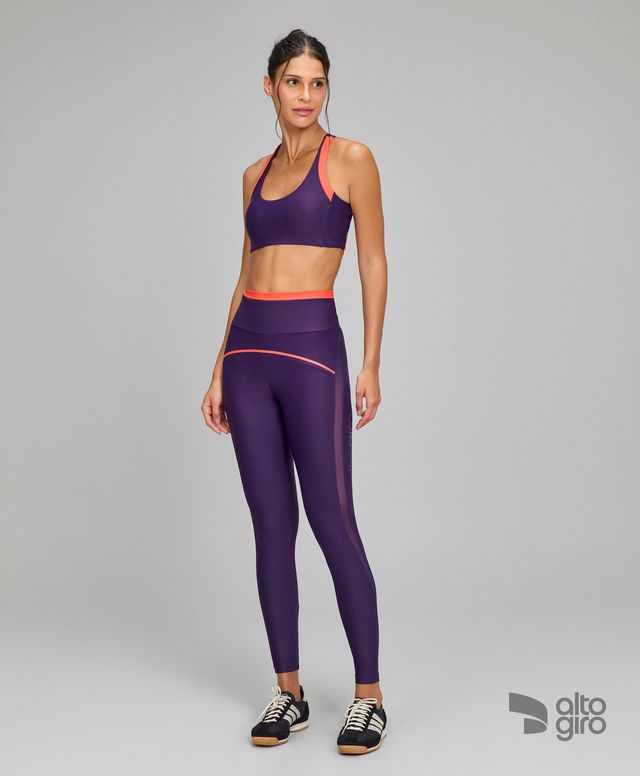 Conjunto Top e Legging Sustentação Recortes Tule Roxo Royale Alto Giro