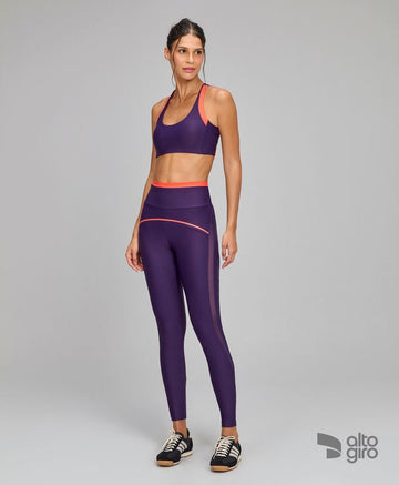 Conjunto Top e Legging Sustentação Recortes Tule Roxo Royale Alto Giro