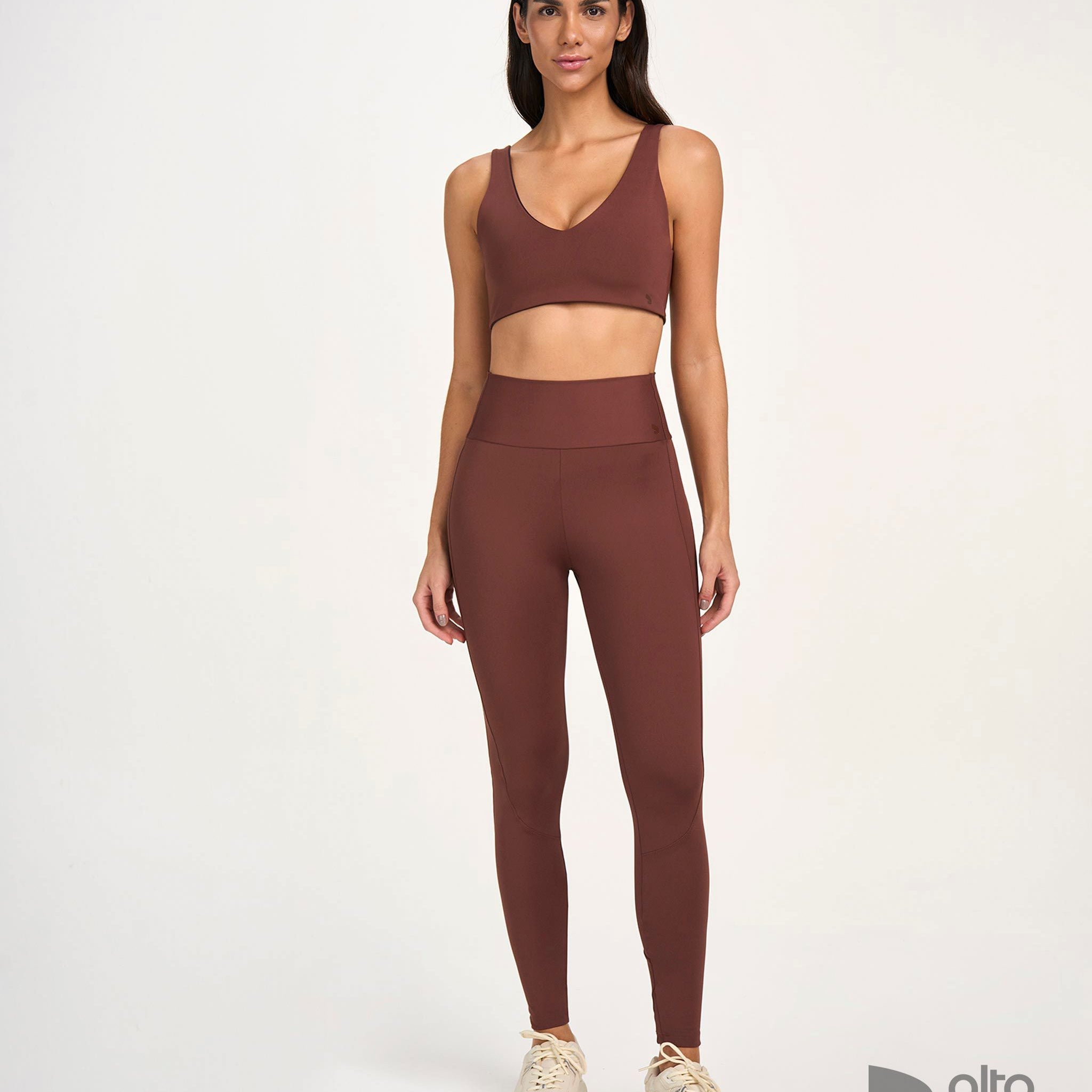 Conjunto Top 4 em 1 e Legging Zig Marrom Cappuccino Alto Giro