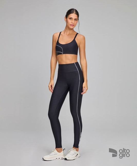 Legging Assimetrica Listras e Bolsos Preto Alto Giro